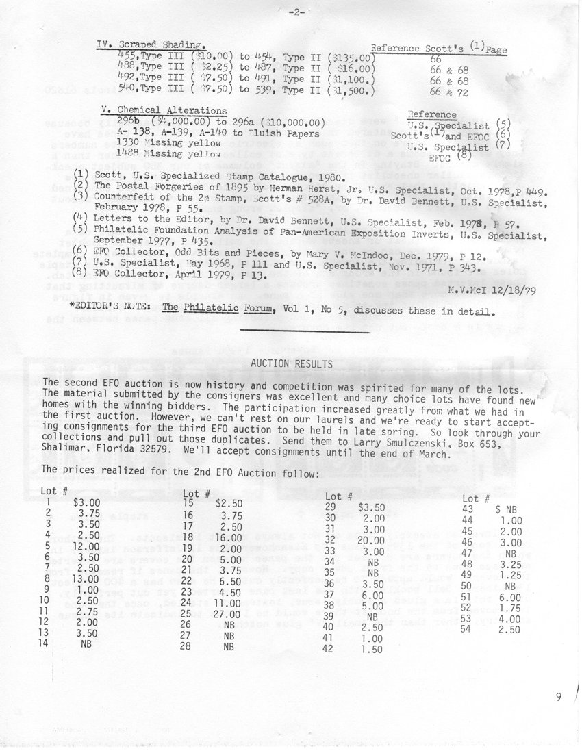 stamp errors, stamp errors, EFO, scraped shading, Scott 455, Scott 454, Scott 488, Scott 487, Scott 492, Scott 491, Scott 540, Scott 539, chemical alteration, Scott 296, Scott 1330, Scott 1488, missing yellow, bluish paper, Scott, Herst, Bennett, McIndoo, The Philatelic Forum, Auction Results