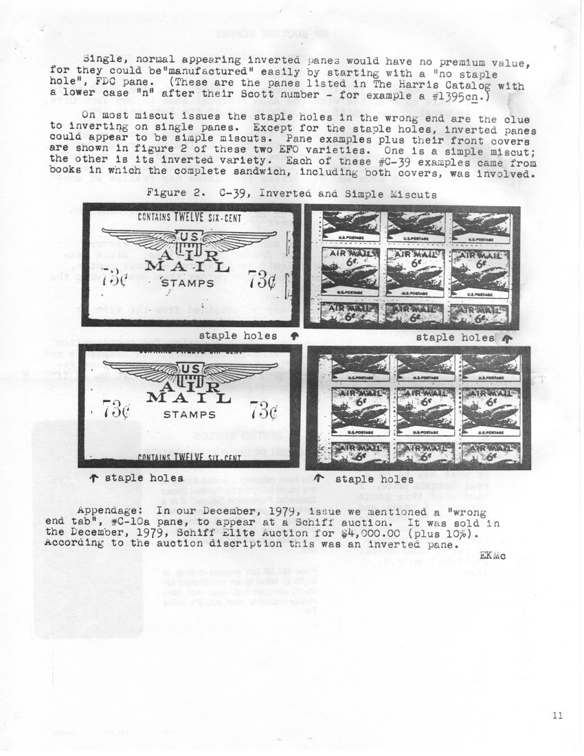 stamp errors, stamp errors, EFO, Scott C39, Scott 1395, staple holes, miscut, wrong end tab