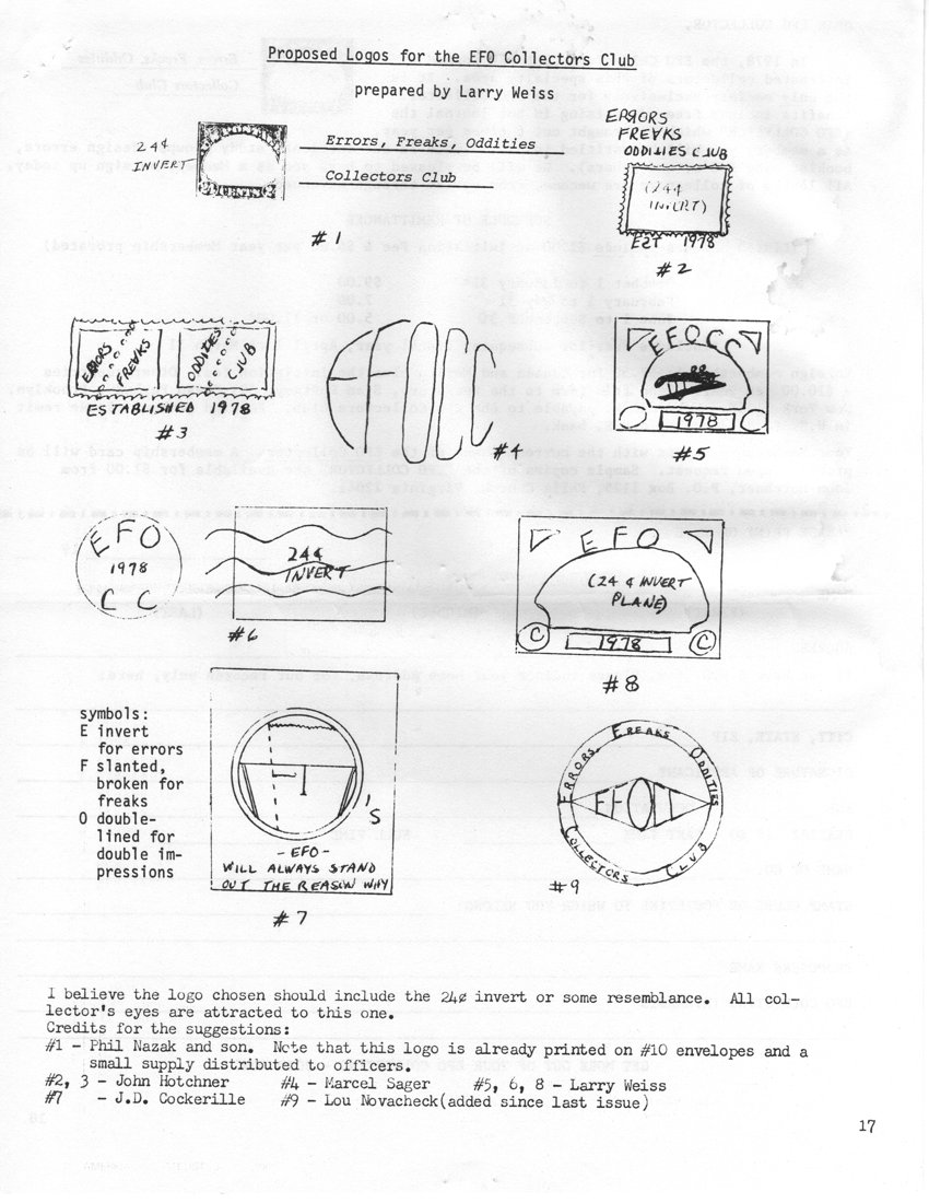 stamp errors, stamp errors, EFO, Weiss, Proposed Logos for the EFO Collectors Club, Hotchner, Cockerille, Sager, Novacheck