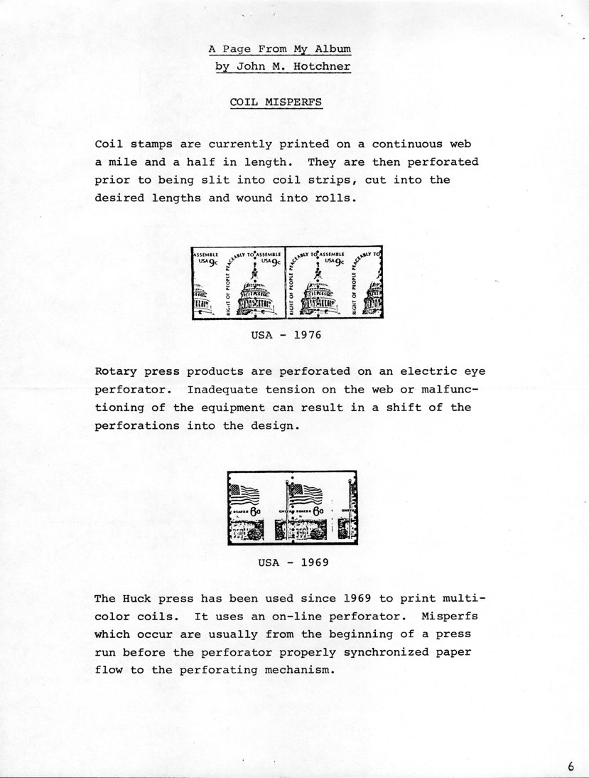 stamp errors, stamp errors, EFO, Hotchner, A Page From My Album, Coil Misperfs, 1976, 1969, Huck press, preforator, electric eye perforator, misperf