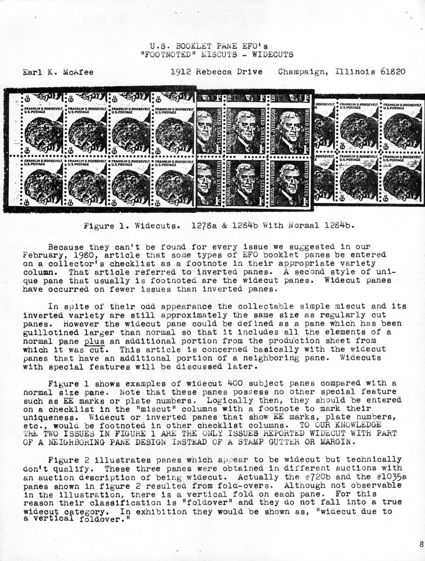 stamp errors, stamp errors, EFO, McAfee, U.S. Booklet Pane EFOs - Footnoted Miscuts - Widecuts, booklet panes, widecut panes, Scott 1278, Scott 1284, Scott 720, Scott 1035, foldover