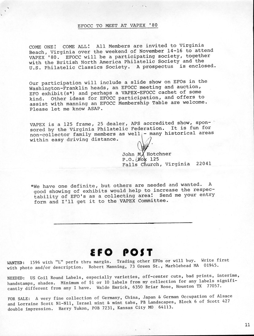 stamp errors, stamp errors, EFO, Hotchner, VAPEX 80, EFOCC to Meet at VAPEX 80, EFO Post, Manning, Scott 1596, Emrick, US Coil Round Labels, Yukon, Scott 427, Scott N1, Scott N11, Alsace and Lorraine, Israel, Landscapes, double impression