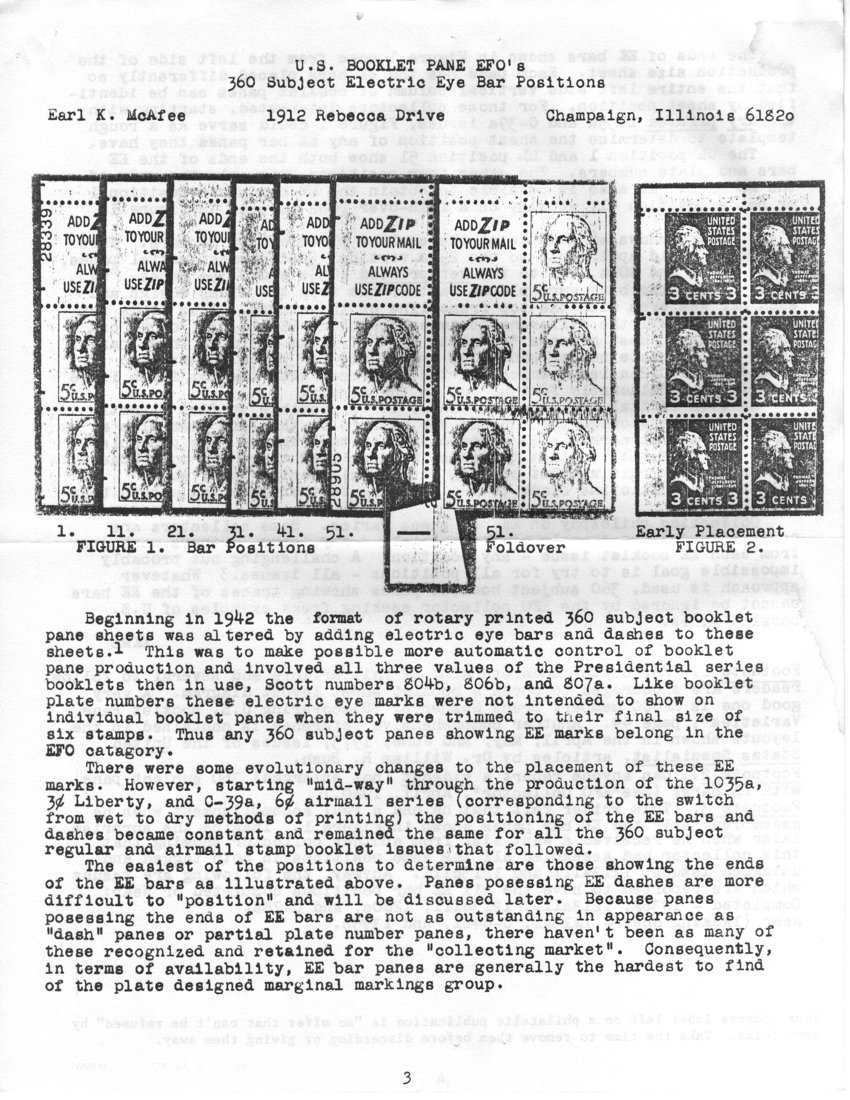 stamp errors, stamp errors, EFO, McAfee, U.S. Booklet Pane EFOs, bar positions, foldover, early placement, rotary-printed, electic eye bars, Presidential series, Scott 804, Scott 806, Scott 807, booklet plate numbers, Scott 1035, Scott C39, wet printing, dry printing