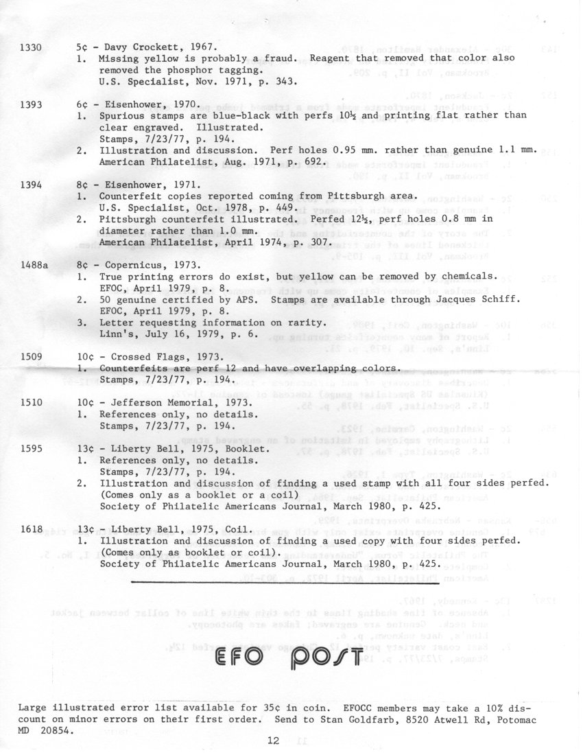 stamp errors, stamp errors, EFO, Scott 1330, Crockett, U.S. Specialist, 1967, Scott 1393, Eisenhower, American Philatelist, Scott 1394, 1970, 1971, Pittsburgh, Scott 1488, Copernicus, 1973, Schiff, APS, Linns, Scott 1509, Crossed Flags, 1973, Scott 1510, Jefferson Memorial, Scott 1595, Liberty Bell, 1975, Stamps, Society of Philatelic Americans Journal, 1980, Scott 1618, EFO Post, Goldfarb