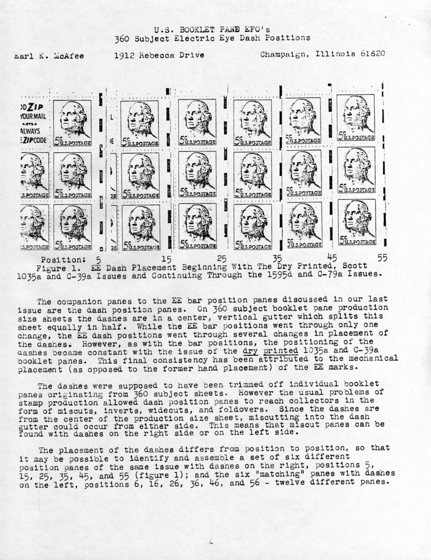 stamp errors, stamp errors, EFO, McAfee, U.S. Booklet Pane EFOs, Scott 1035, dry printed, Scott C39, Scott 1595, Scott C79, EE dash placement, EE bar positions, EE marks, miscuts, inverts, widecuts, foldovers