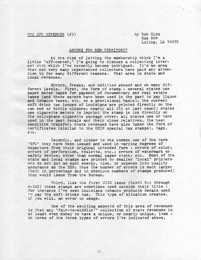 stamp errors, stamp errors, EFO, Olds, The EFO Revenuer, Anyone For New Territory?, paper meter tapes, documentary and real estate taxes, liquor and tobacco taxes, soft drink tax, Louisiana, cigarette meters, state revenues, USIR, tax stamps, certificates, tags, Scott R1, Scott R102, Louisiana tobacco products decals, error in usage