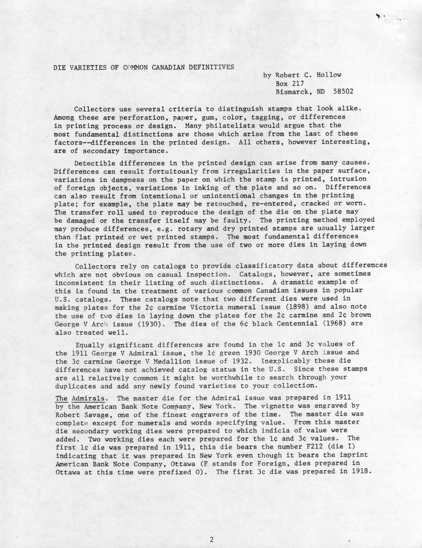 stamp errors, stamp errors, EFO, Hollow, Die Varieties of Common Canadian Definitives, die, 1898, Victoria numeral issue, George V Arch issue, 1930, George V Admiral issue, 1911, George V Medaillon issue, 1932>, Admirals, American Bank Note Company, ABNC, Savage, 1918, Ottawa