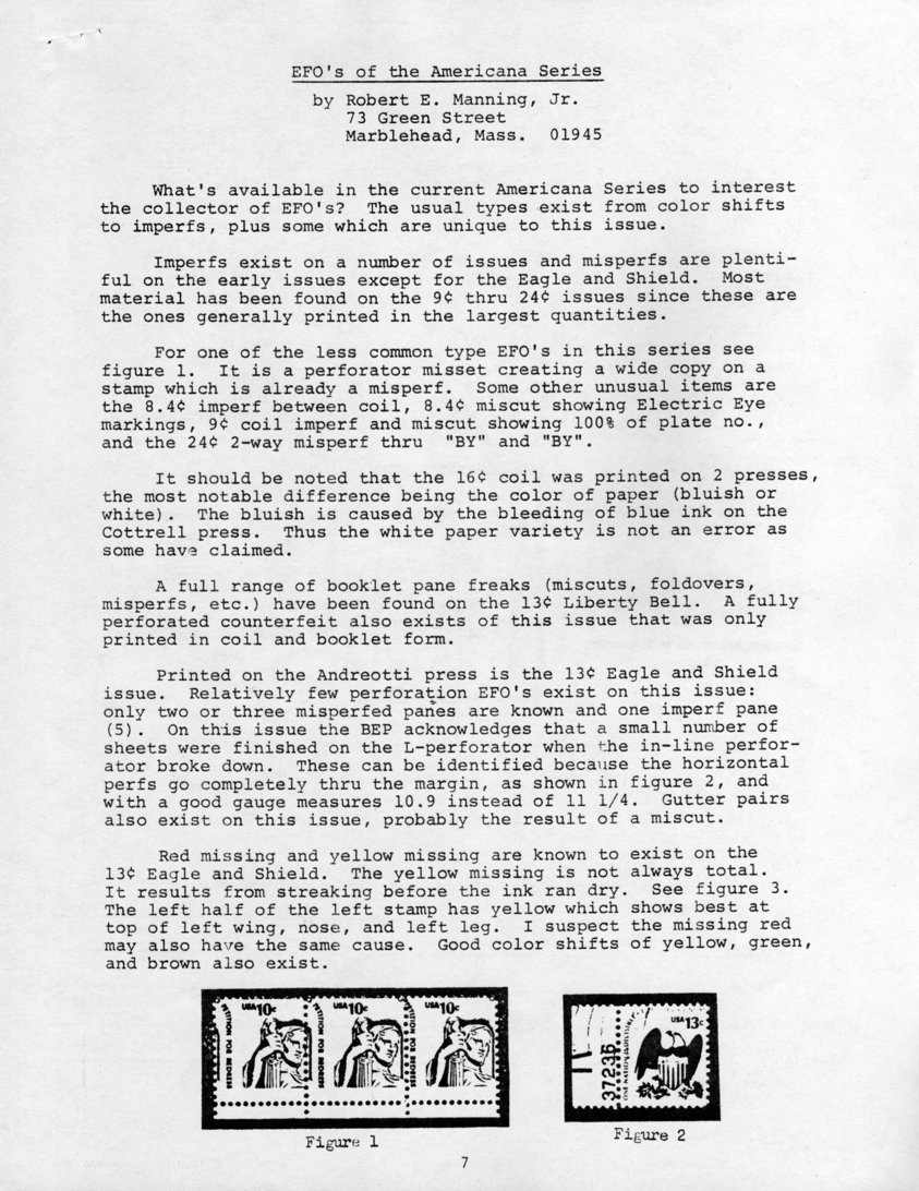 stamp errors, stamp errors, EFO, EFOs of The Americana Series, Manning, Marblehead, Eagle and Shield, perforator misset, wide copy, misperf, imperf, miscut showing electric eye markings, electric eye, Cottrell press, Liberty Bell, counterfeit, foldover, coil, booklet, Andreotti press, L-perforator, gutter pair, red missing, yellow missing, color shift