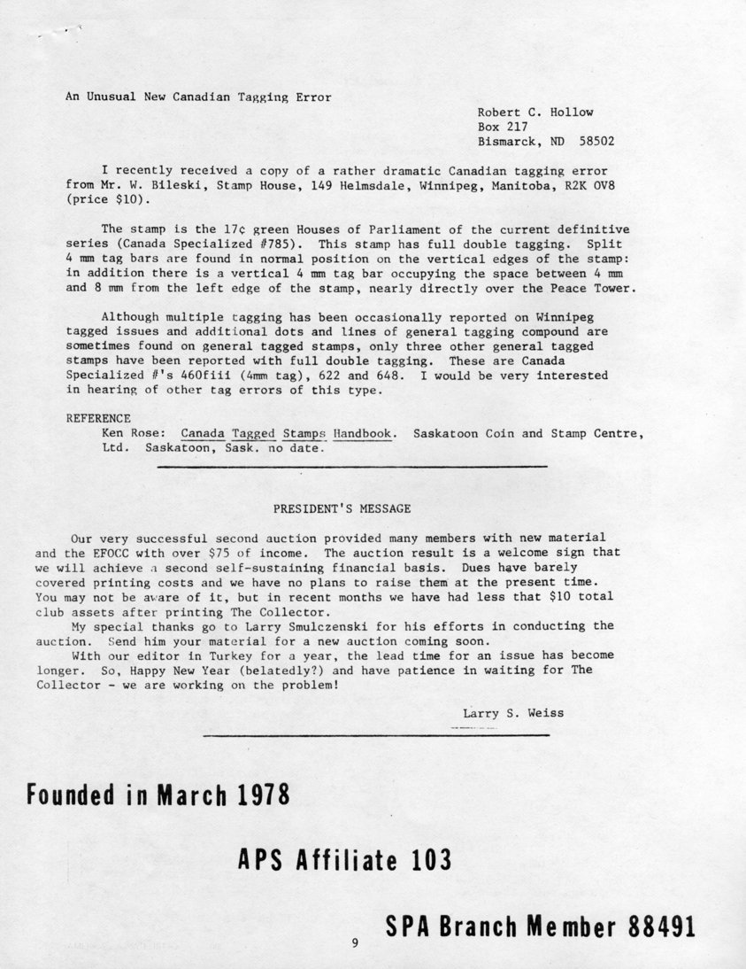 stamp errors, stamp errors, EFO, An Unusual New Canadian Tagging Error, Hollow, Bileski, Houses of Parliament, Peace Tower, Winnipeg, Rose, Canada Tagged Stamps Handbook, Saskatoon Coin and Stamp Centre, President's Message, Weiss, auction, Smulczenski, Turkey, APS, SPA Branch Member