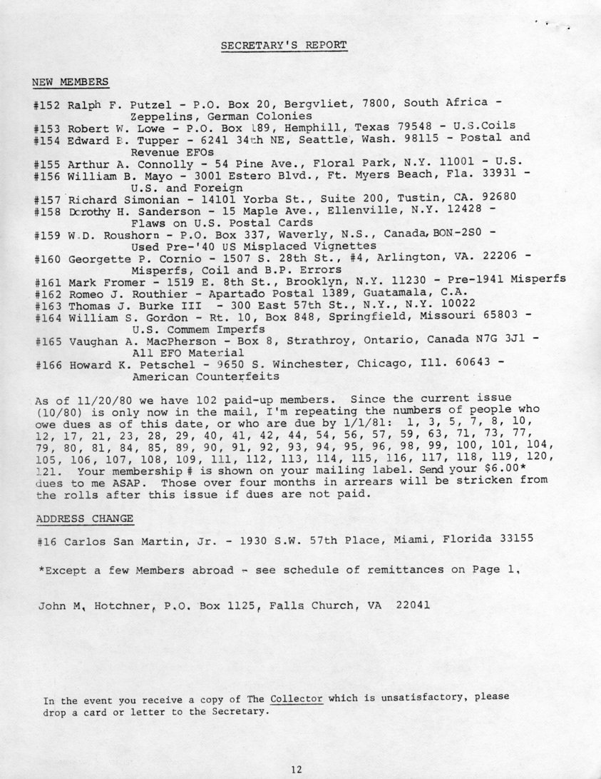 stamp errors, stamp errors, EFO, Secretary's Report, Hotchner, Putzel, Lowe, Tupper, Connolly, Mayo, Simonian, Sanderson, Roushorn, Cornio, Fromer, Routhier, Burke, Gordon, MacPherson, Petschel, San Martin