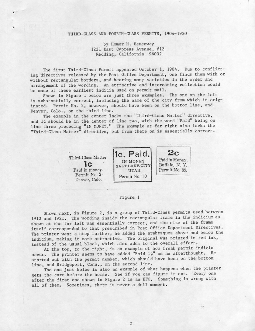 stamp errors, stamp errors, EFO, Hemenway, Third-Class and Fourth-Class Permits, 1904-1920, third-class, fourth-class, Post Office Department, in money, third-class matter, Denver, Salt Lake City, Buffalo