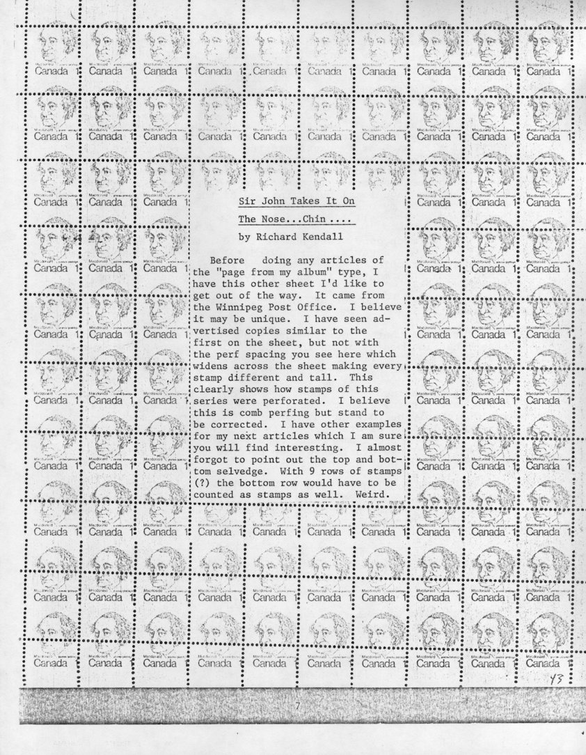 stamp errors, stamp errors, EFO, Sir John Takes It On The Nose... Chin..., Kendall, Winnipeg, comb perforation