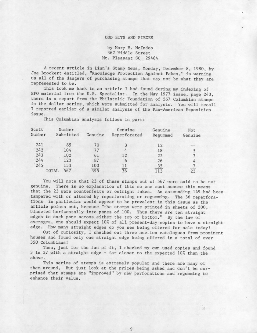 stamp errors, stamp errors, EFO, Odd Bits and Pieces, McIndoo, Brockert, U.S. Specialist, Philatelic Foundation, Columbian
