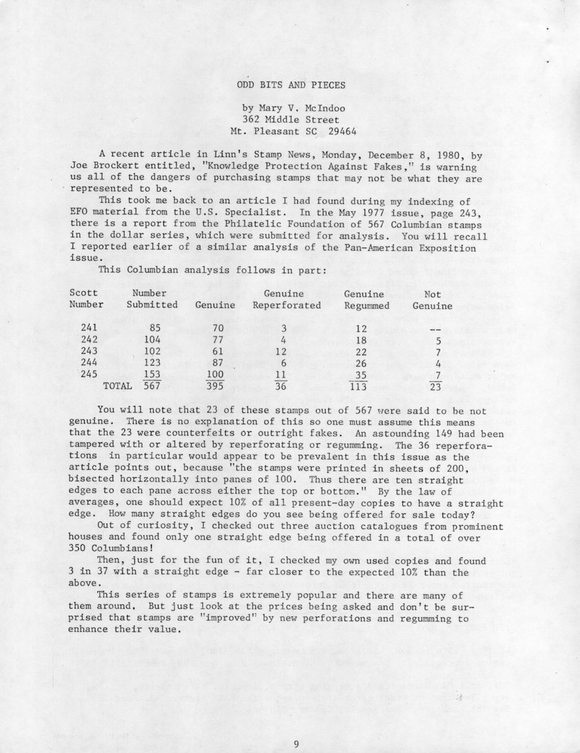 stamp errors, stamp errors, EFO, Odd Bits and Pieces, McIndoo, Brockert, U.S. Specialist, Philatelic Foundation, Columbian