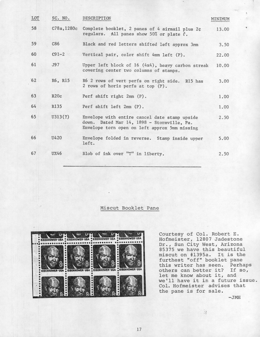 stamp errors, stamp errors, EFO, Scott C78, Scott 1280, Scott C86, Scott C91, Scott C92, Scott J97, Scott R6, Scott R15, Scott R20, Scott R135, Scott U313, Scott U420, Scott UX46, Miscut Booklet Pane, Hofmeister, Scott 1395, Hotchner