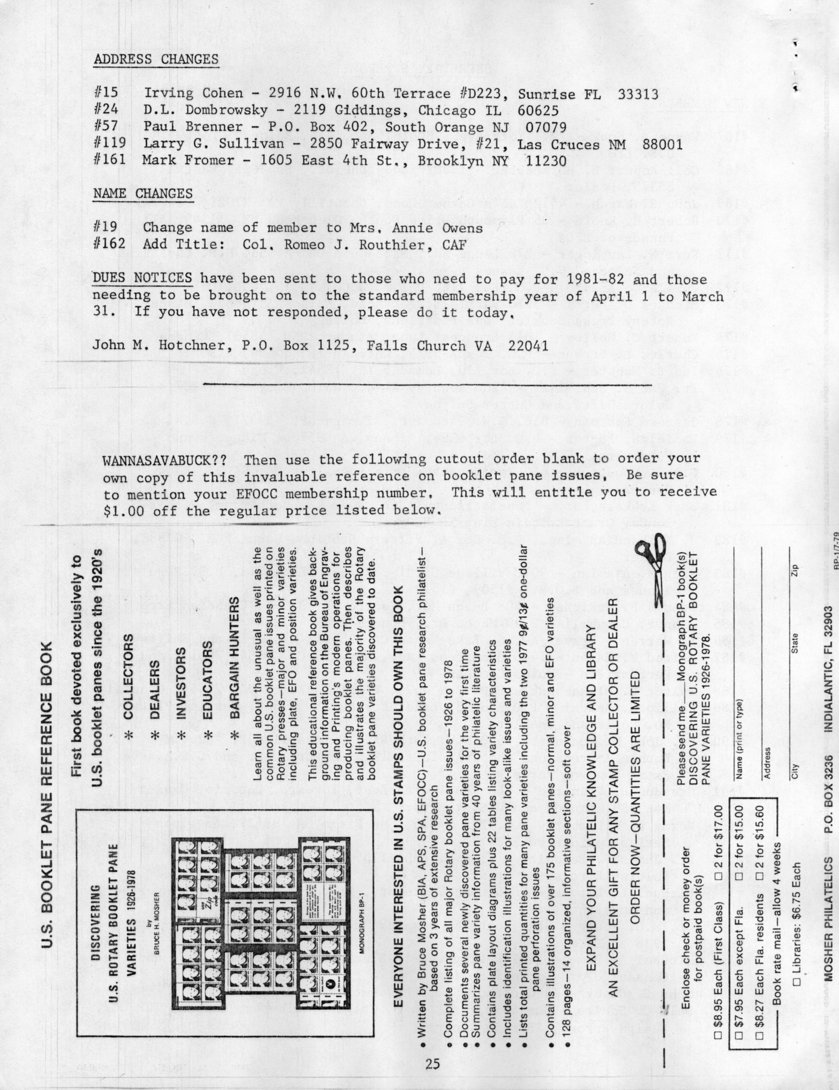 stamp errors, stamp errors, EFO, Cohen, Dombrowsky, Brenner, Sullivan, Fromer, Owens, Routhier, Mosher, U.S. Booklet Pane Reference Book