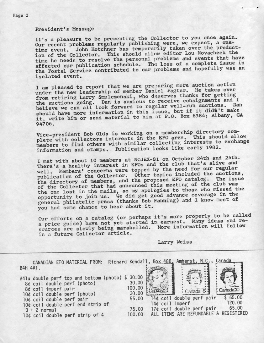 stamp errors, stamp errors, EFO, Hotchner, President's Message, Weiss, Smulczenski, Pagter, NOJEX, 1981, Manning, Kendall