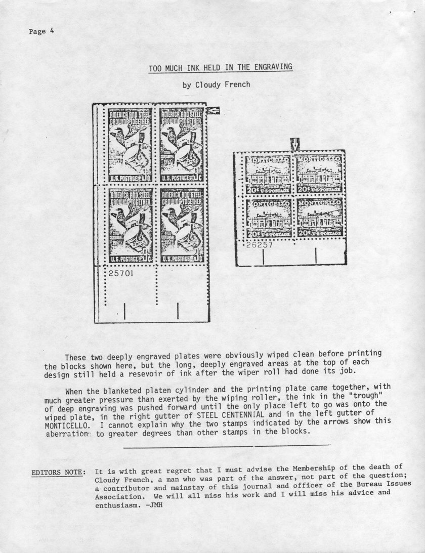 stamp errors, stamp errors, EFO, French, Too Much Ink Held In The Engraving, Hotchner, Steel Centennial, Monticello, death, Bureau Issues Association