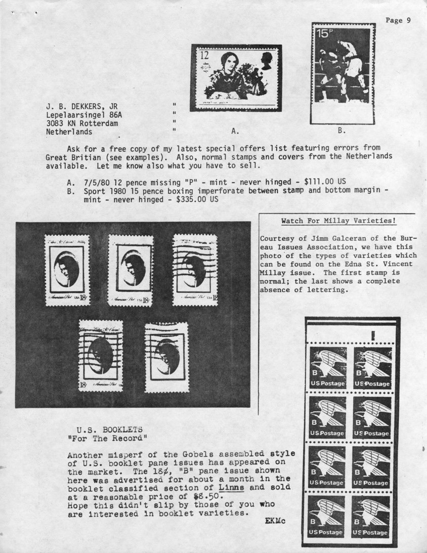 stamp errors, stamp errors, EFO, Dekkers, Galceran, Milnay, Bureau Issues Association, booklet, McAfee