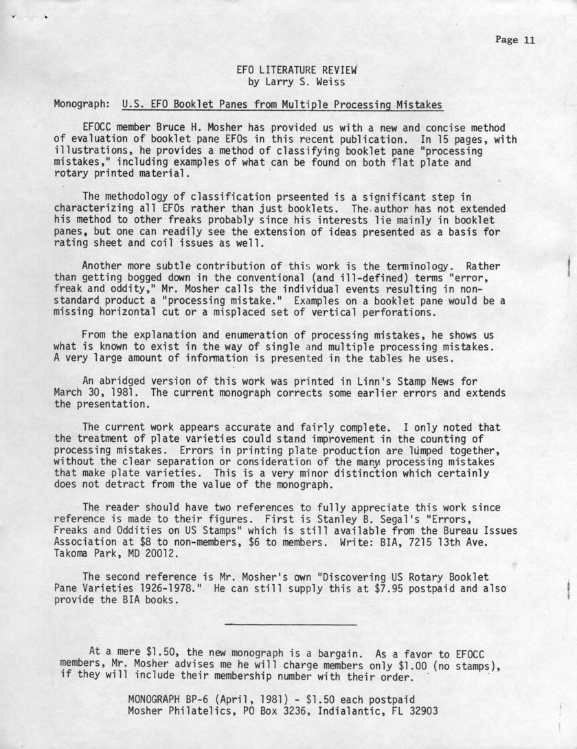 stamp errors, stamp errors, EFO, EFO Literature Review, Weiss, Mosher, booklet pane EFOs, Linns, processing mistake, Discovering US Rotary Booklet Pane Varieties 1926-1978, BIA, Bureau Issues Association, U.S. EFO Booklet Panes from Multiple Processing Mistakes