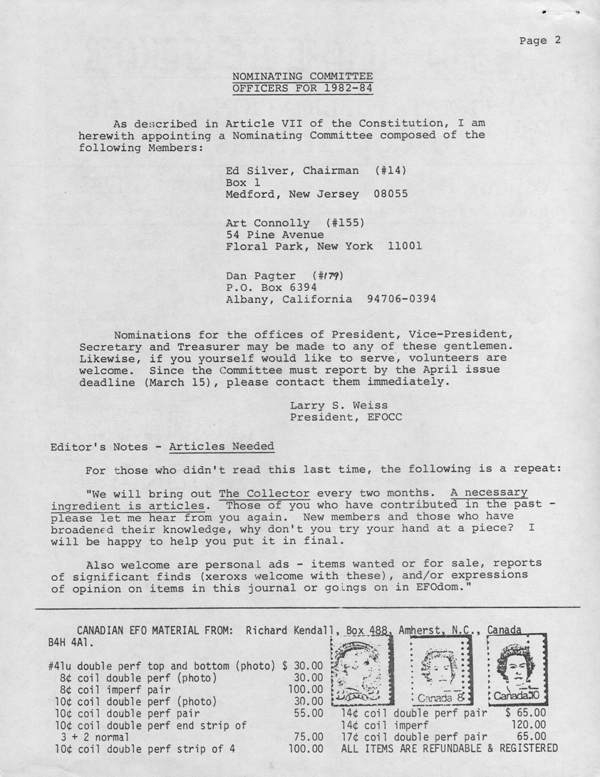 stamp errors, stamp errors, EFO, Nominating Committee - Officers for 1982-84, Silver, Connolly, Pagter, Weiss, Kendall