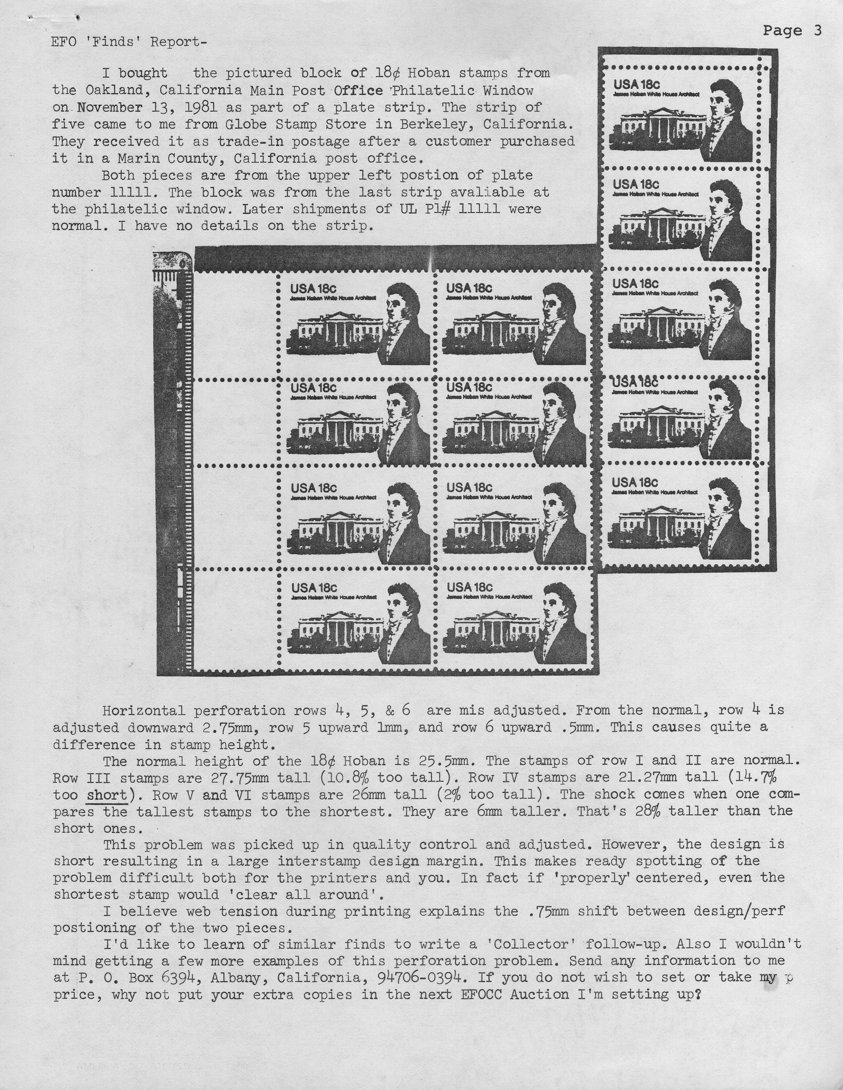 stamp errors, stamp errors, EFO, EFO Finds Report, Pagter, Hoban, Oakland, Globe Stamp Store, misadjusted horizontal perforations, stamp height, auction