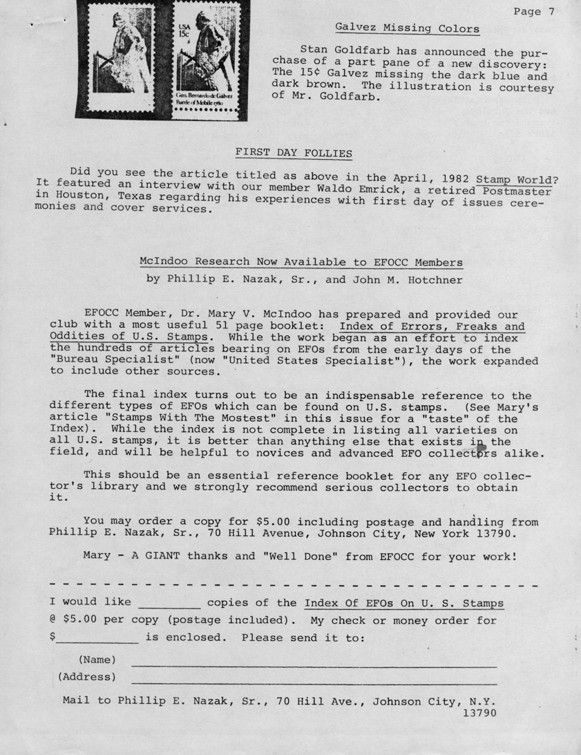 stamp errors, stamp errors, EFO, Galvez, missing color, Goldfarb, 1982, Stamp World, Emrick, McIndoo, Nazak, Hotchner, Index of Errors, Freaks and Oddities of U.S. Stamps, Bureau Specialist, United Stated Specialist