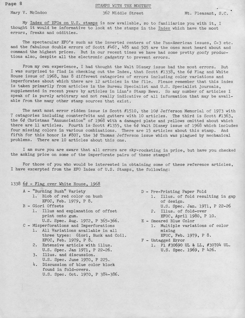 stamp errors, stamp errors, EFO, Stamps With The Mostest, McIndoo, Index of EFOs on U.S. Stamps, inverted center, Scott C3, Pan-American Issues, double errors, Scott 467, Scott 485, Scott 505, Walt Disney issue, Scott 1338, Flag and White House issue, color variations, imperforates, Scott 1510, Jefferson Memorial, 1973, counterfeit, gutter, Scott 1363, Christmas, Annunciation, damaged plate, yellow omitted, Scott 1355, missing colors, Scott 807, Thomas Jefferson, Burning Bush variety, Giori offsets, U.S. Specialist, misperforations, imperforations, pre-printing paper fold, smeared blue color, untagged error