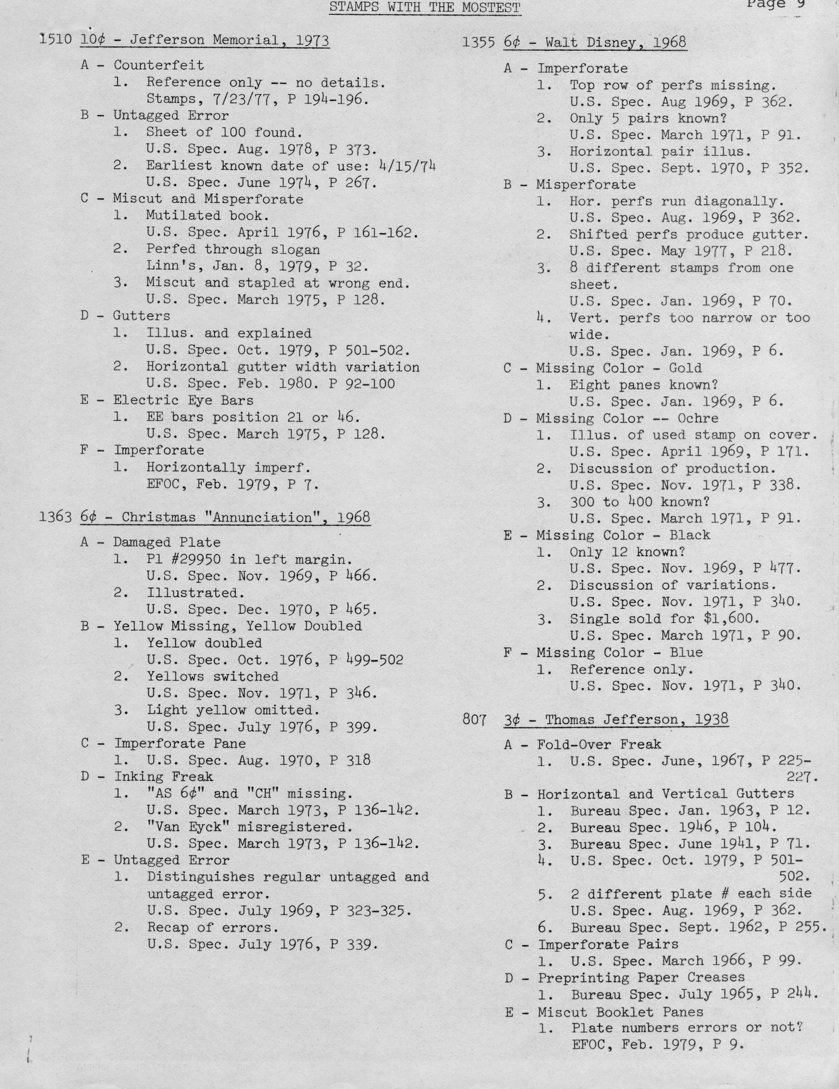 stamp errors, stamp errors, EFO, Scott 1510, 1973, Jefferson Memorial, counterfeit, untagged error, miscut and misperforate, gutters, electric eye bars, imperforate, Scott 1363, Christmas, Annunciation, 1968, damaged plate, yellow missing, yellow doubled, imperforate pane, inking freak, untagged error, Scott 1355, Walt Disney, 1968, misperforate, missing color, missing ochre, missing black, missing blue, Scott 807, Thomas Jefferson, 1938, fold-over freak, horizontal and vertical gutters, preprinting paper creases, miscut booklet panes