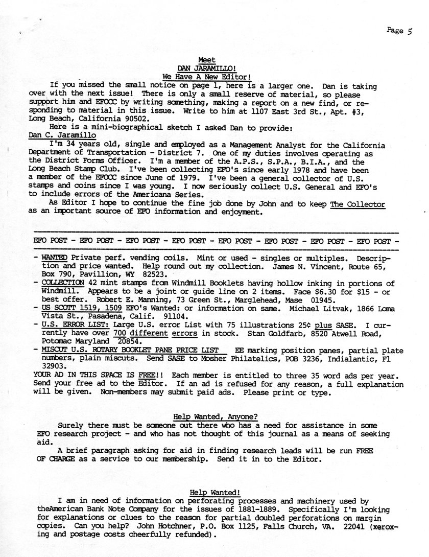 stamp errors, stamp errors, EFO, Jaramillo, editor, California Department of Transportation, EFO Post, Vincent, Manning, Litvak, Goldfarb, Mosher Philatelics, American Bank Note Company, partial doubled perforations, Hotchner