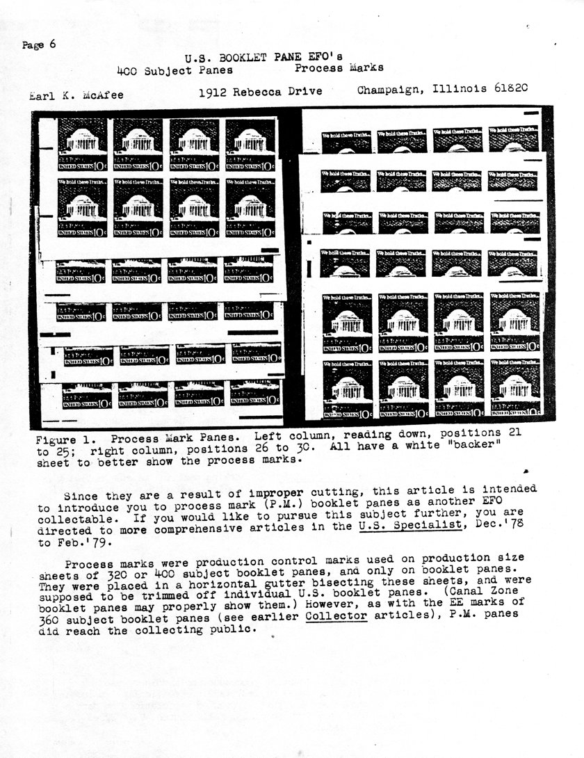 stamp errors, stamp errors, EFO, McAfee, U.S. Booklet Pane EFOs - 400 Subject Panes - Process Marks, U.S. Specialist, December 1978, February 1979, Canal Zone, EE marks