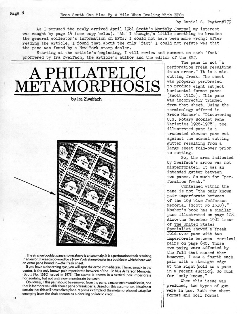 stamp errors, stamp errors, EFO, Pagter, Even Scott Can Miss By A Mile When Dealing With EFOs, April 1981, Scott's Monthly Journal, Zweifach, A Philatelic Metamorphosis, Scott 1510, Jefferson Memorial, 1973, imperforate horizontally, imperforate between, miscutting freak, truncated skewcut pane cut against the normal cutting gutter resulting from a large sheet fold-over prior to cutting, Mosher, United States Specialist, only known, sheet format, coil format