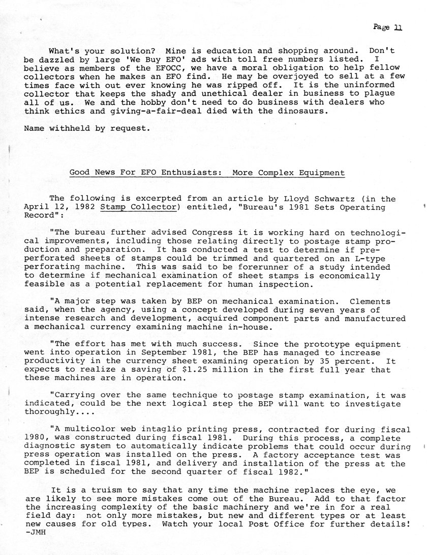 stamp errors, stamp errors, EFO, Schwartz, Stamp Collector, 1982, Bureau's 1981 Sets Operating Record, mechanical examination, multicolor web intaglio printing press, Hotchner