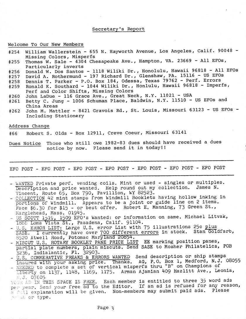 stamp errors, stamp errors, EFO, Secretary's Report, Wallerstein, Sale, Dos Santos, Rothermund, Parker, Southard, LaDue, Jung, Mattler, Olds, Vincent, Manning, Litvak, Goldfarb, Mosher Philatelics, AG, Ajamian, EFO Post