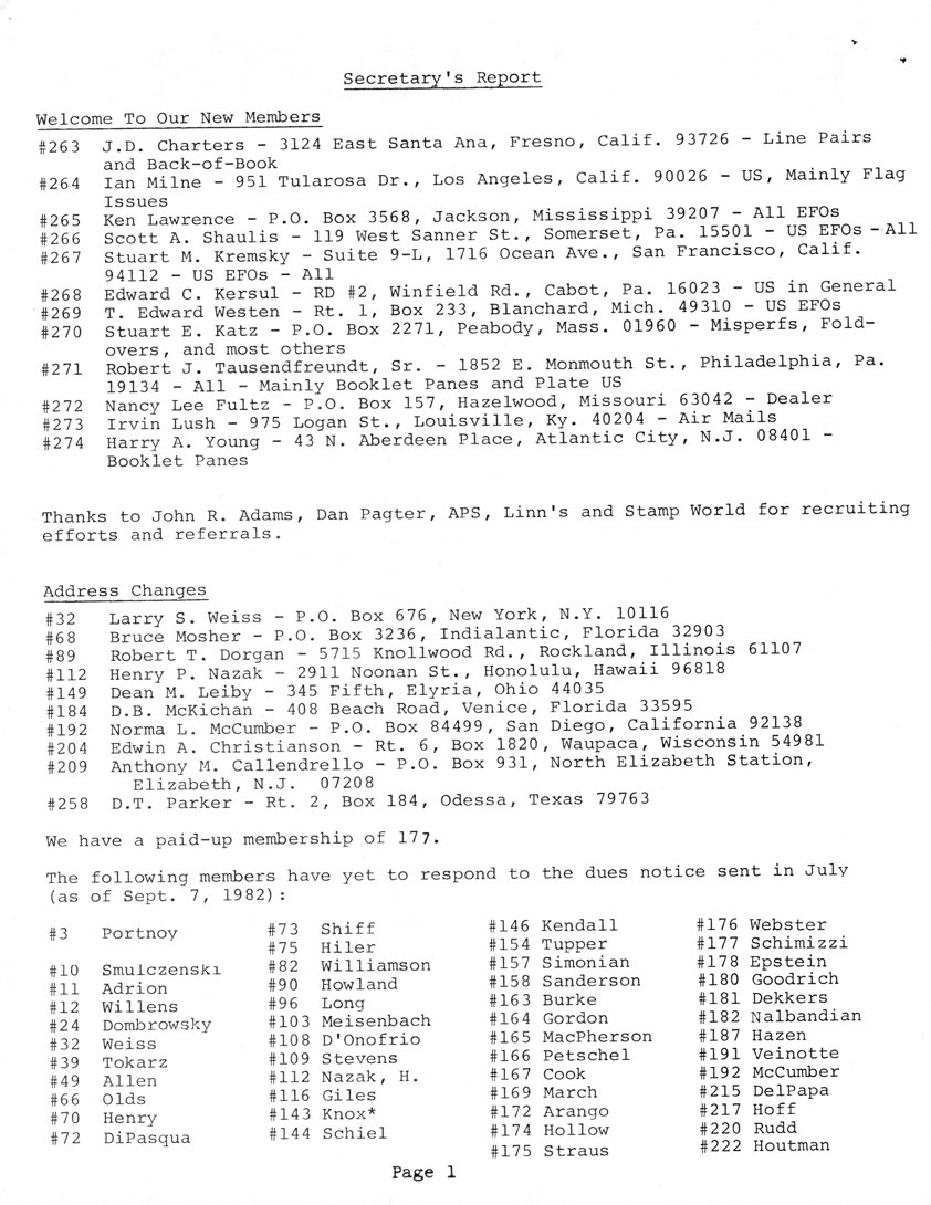 stamp errors, stamp errors, EFO, Secretary's Report, Hotchner, Charters, Milne, Lawrence, Shaulis, Kremsky, Kersul, Westen, Katz, Tausendfreundt, Fultz, Lush, Young, Adams, Pagter, APS, Linn's, Stamp World, Weiss, Mosher, Dorgan, Nazak, Leiby, McKichan, McCumber, Christianson, Callendrello, Parker, Portnoy, Smulczenski, Adrion, Willens, Dombrowsky, Weiss, Tokarz, Allen, Olds, Henry, DiPasqua, Shiff, Hiler, Williamson, Howland, Long, Meisenbach, D'Onofrio, Stevens, Nazak, Giles, Knox, Schiel, Kendall, Tupper, Simonian, Sanderson, Burke, Gordon, MacPherson, Petschel, Cook, March, Arango, Hollow, Straus, Webster, Schimizzi, Epstein, Goodrich, Dekkers, Nalbandian, Hazen, Velnotte, McCumber, DelPapa, Hoff, Rudd, Houtman