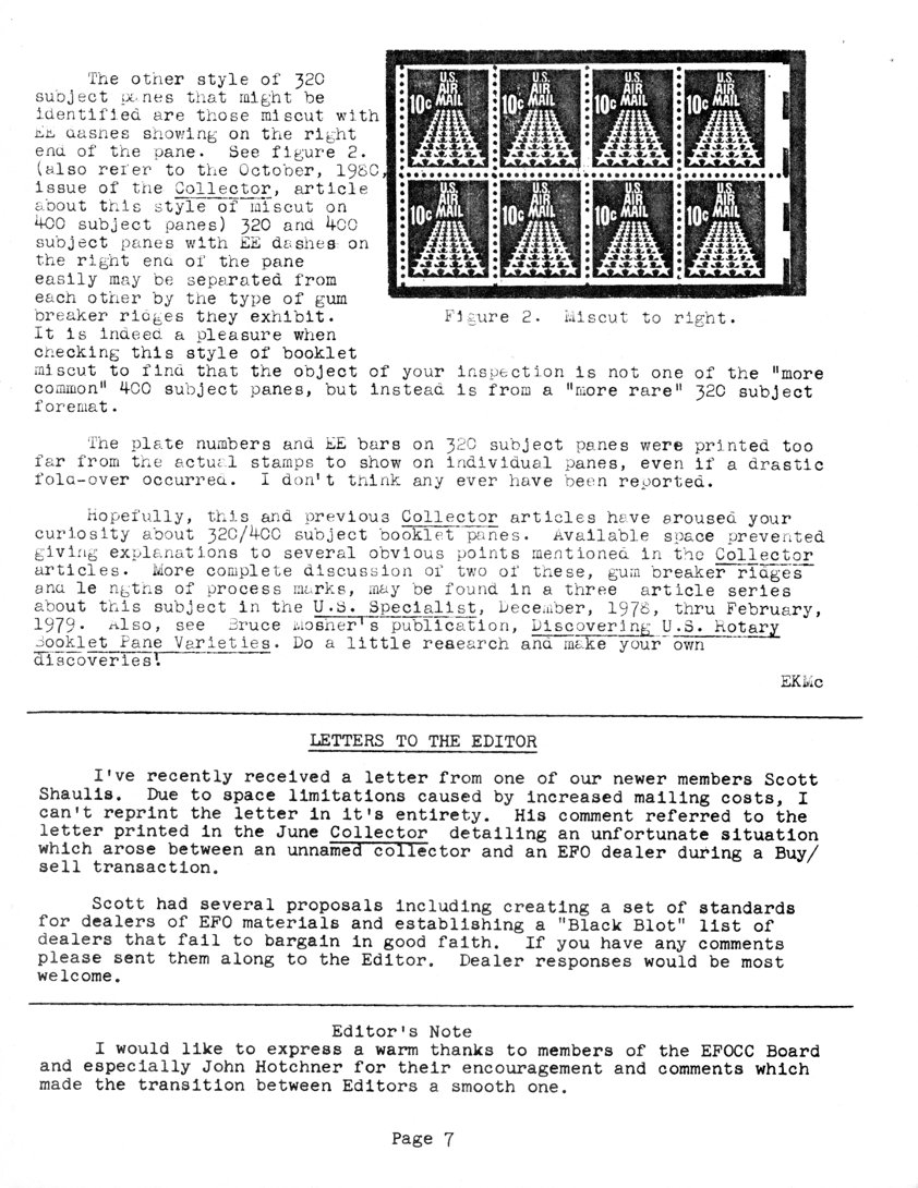 stamp errors, stamp errors, EFO, miscut, U.S. Specialist, 1978, Mosher, Discovering U.S. Rotary Booklet Pane Varieties, Letter to the Editor, Shaulis
