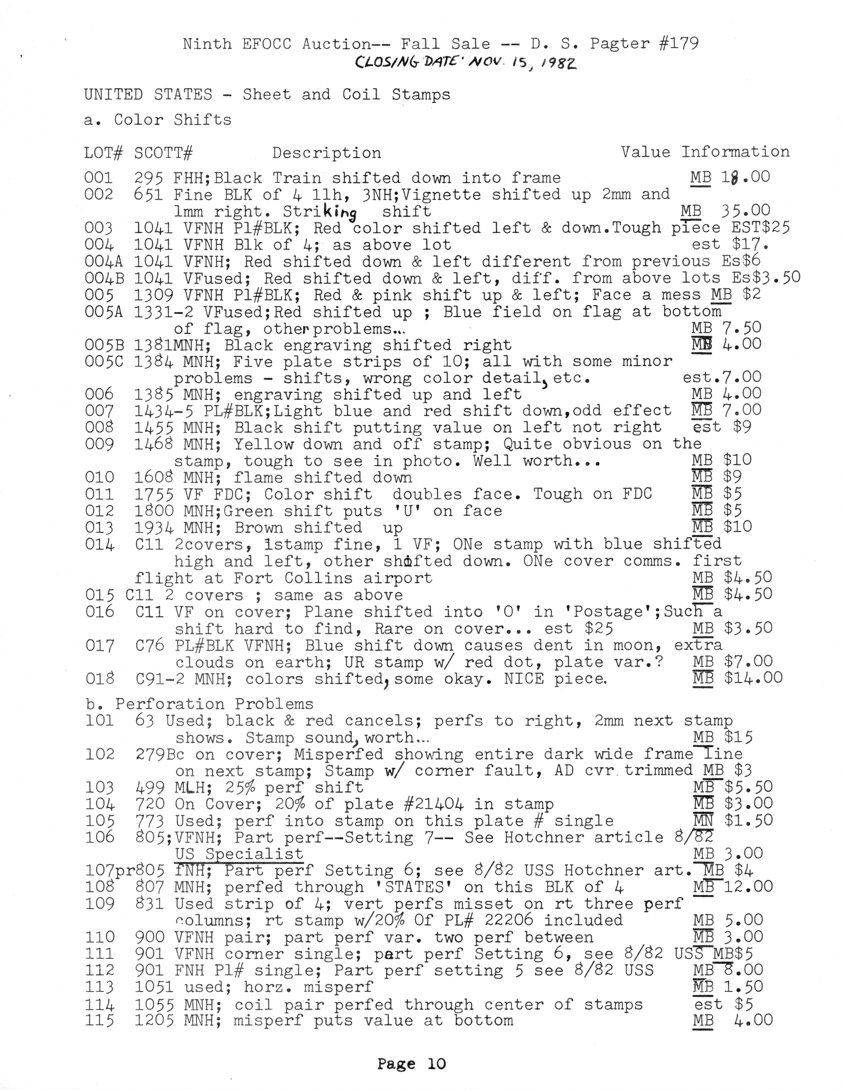 stamp errors, stamp errors, EFO, Pagter, 9th EFOCC Auction, Scott 295, Scott 651, Scott 1041, Scott 1309, Scott 1331, Scott 1332, Scott 1381, Scott 1384, Scott 1385, Scott 1434, Scott 1435, Scott 1455, Scott 1468, Scott 1608, Scott 1755, Scott 1800, Scott 1934, Scott C11, Scott C76, Scott C91, Scott C92, Scott 63, Scott 279, Scott 499, Scott 720, Scott 773, Scott 805, Scott 831, Scott 900, Scott 901, Scott 1051, Scott 1055, Scott 1205, perforation problems, color shifts