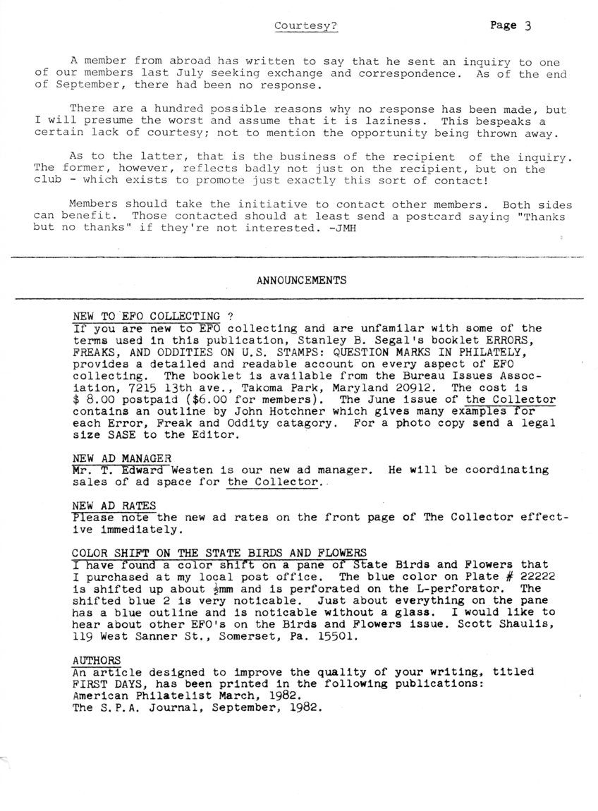 stamp errors, stamp errors, EFO, Segal, Errors, Freaks and Oddities on U.S. Stamps: Question Marks in Philately, Westen, Shaulis, color shift on state birds and flowers, L-perforator, first days, American Philatelist, The S.P.A. Journal, 1982