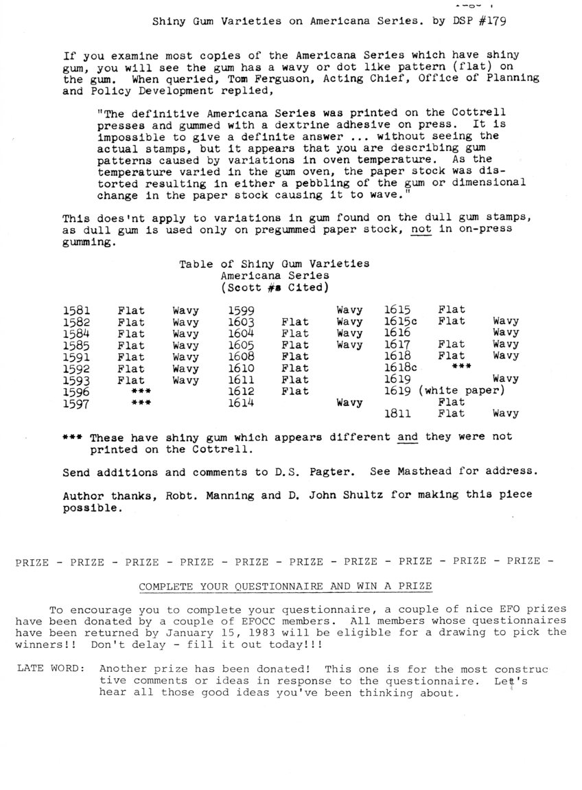 stamp errors, stamp errors, EFO, Pagter, Shiny Gum Varieties on Americana Series, wavy or dot like pattern (flat) on the gum, Ferguson, Acting Chief, Office of Planning and Policy Development, Cottrel press, dextrine adhesive, variations in oven temperature, pebbling of the gum, dimensional change in the paper stock, dull gum stamps, pregummed paper stock, Scott 1581, Scott 1582, Scott 1584, Scott 1585, Scott 1591, Scott 1592, Scott 1593, Scott 1596, Scott 1597, Scott 1599, Scott 1603, Scott 1604, Scott 1605, Scott 1608, Scott 1610, Scott 1611, Scott 1612, Scott 1614, Scott 1615, Scott 1616, Scott 1617, Scott 1618, Scott 1619, Scott 1811, white paper