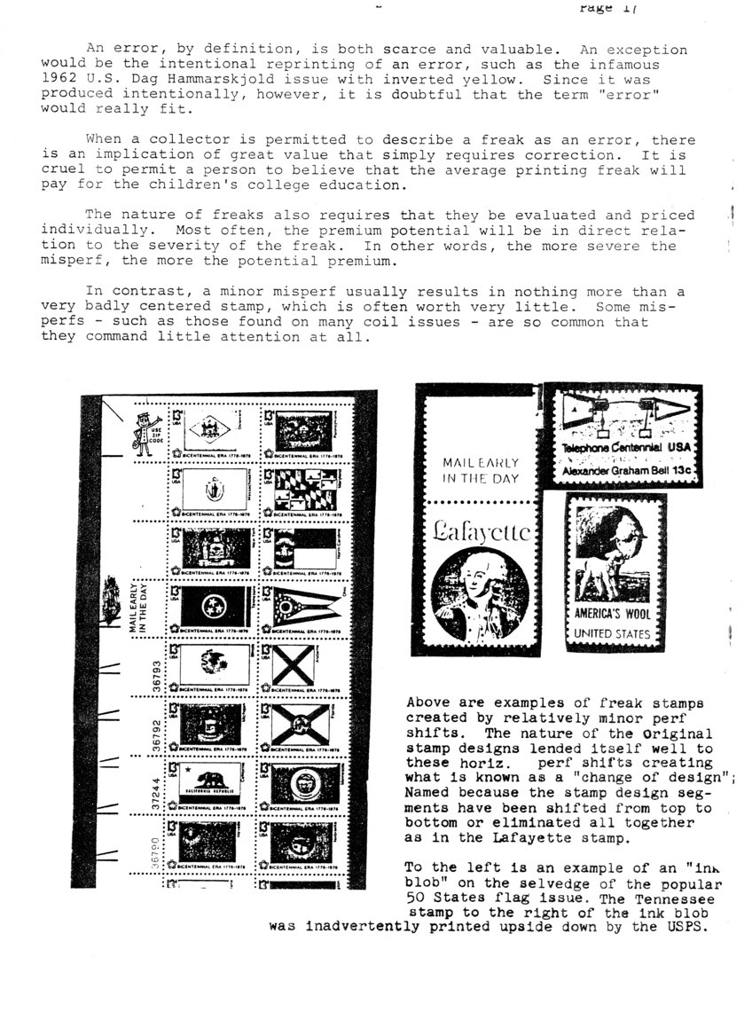 stamp errors, stamp errors, EFO, 1962, Hammarskjold, change of design, Lafayette, ink blob, USPS