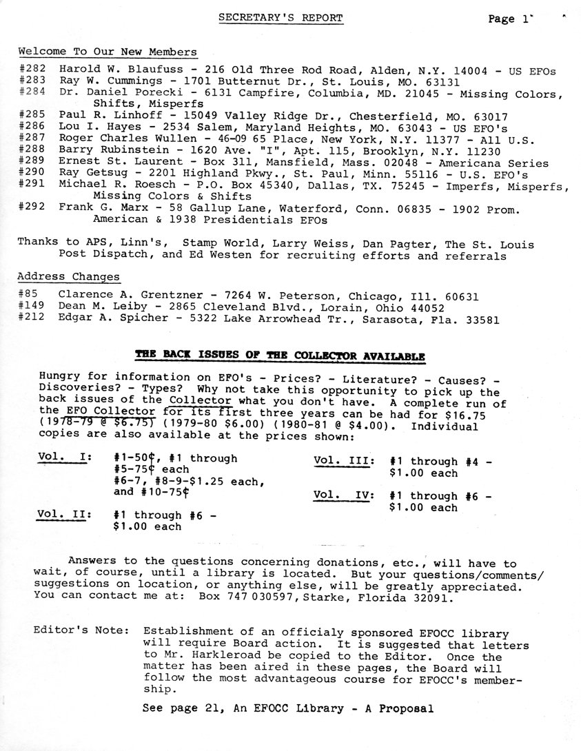 stamp errors, stamp errors, EFO, Secretary's Report, Hotchner, Blaufuss, Cummings, Porecki, Linhoff, Hayes, Wullen, Rubinstein, St. Laurent, Getsug, Roesch, Marx, Grentzner, Leiby, Spicher, Harkleroad