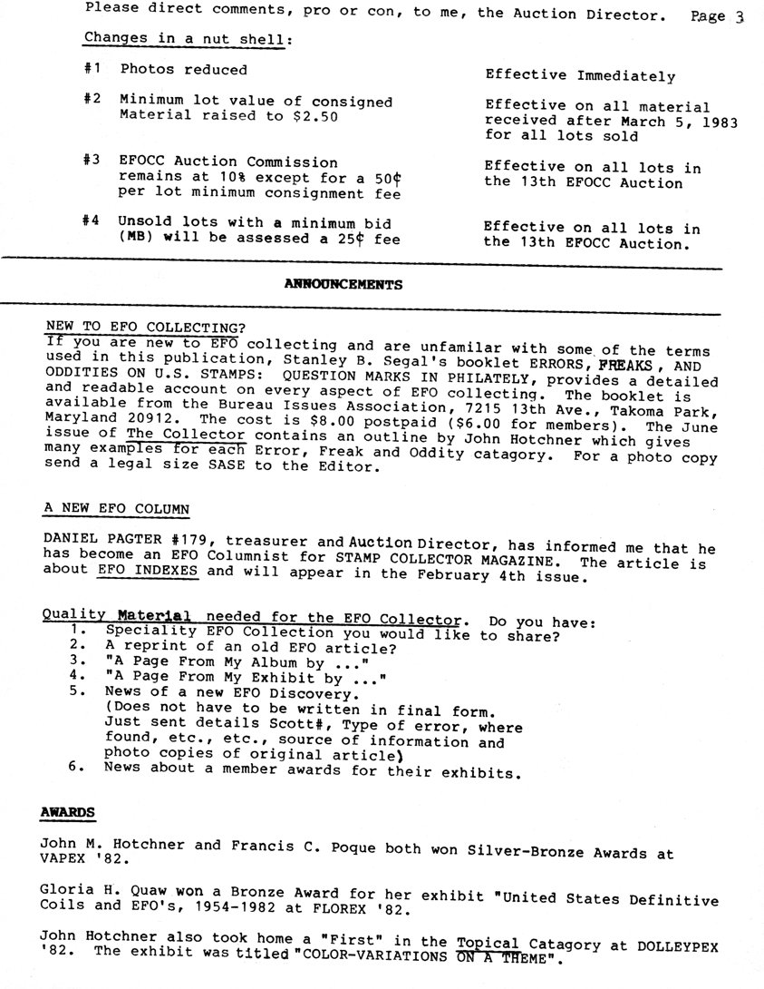 stamp errors, stamp errors, EFO, Announcements, Errors, Freaks and Oddities on U.S. Stamps: Question Marks in Philately, Segal, Bureau Issues Association, Pagter, EFO Indexes, Hotchner, Pogue, VAPEX, Quaw, FLOREX, DOLLEYPEX, Color Variations on a Theme