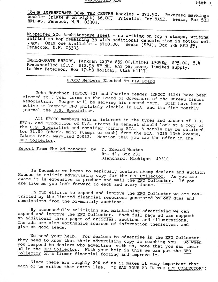 stamp errors, stamp errors, EFO, Scott 1893, Weeks, Misperfed 20c Architecture Sheet, Scott 1297, Parkman, Scott 1305, Holmes, precancelled, Peterson, BIA Board, Hotchner, Yeager, U.S. Specialist, Bureau Issues Association, Report From The Ad Manager, Westen