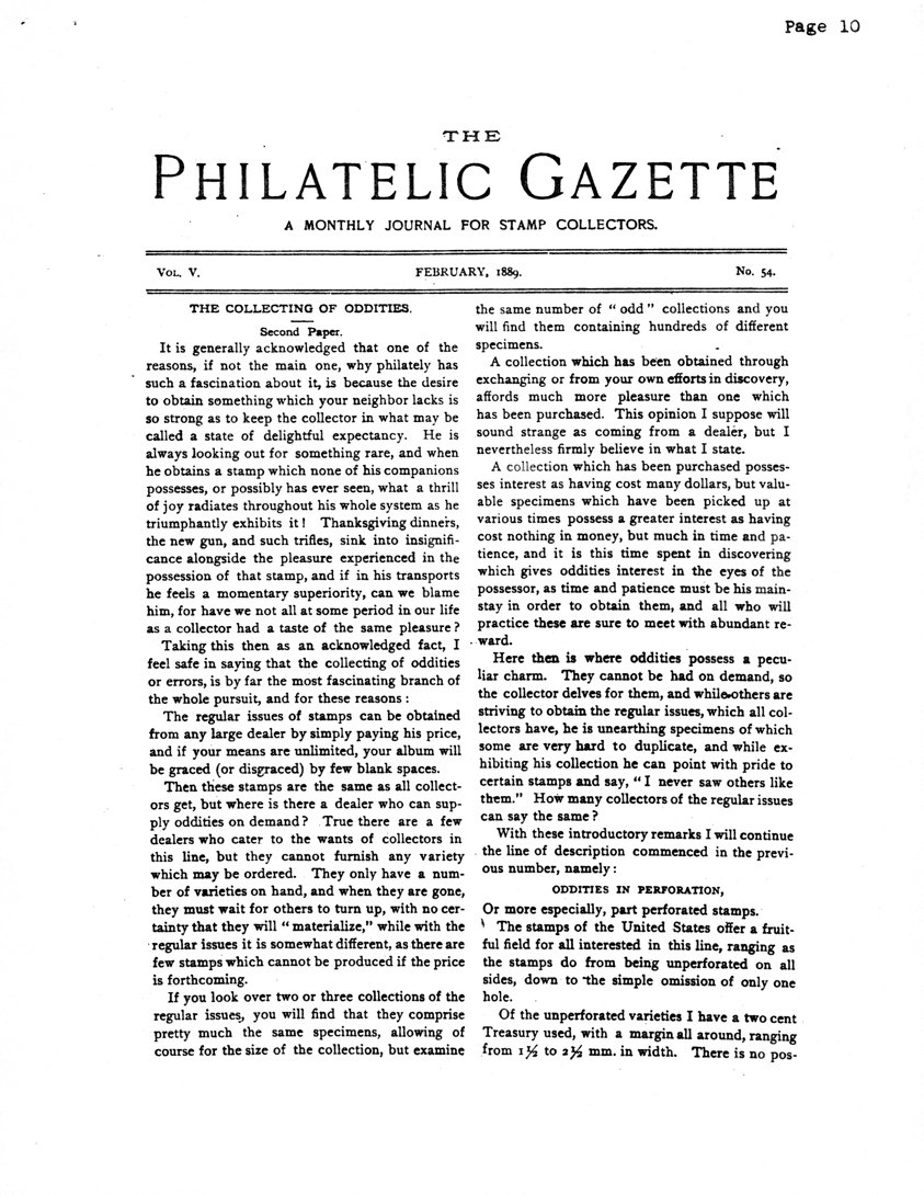 stamp errors, stamp errors, EFO, The Philatelic Gazette, February 1889, The Collecting of Oddities, Second Paper, Oddities in Perforation