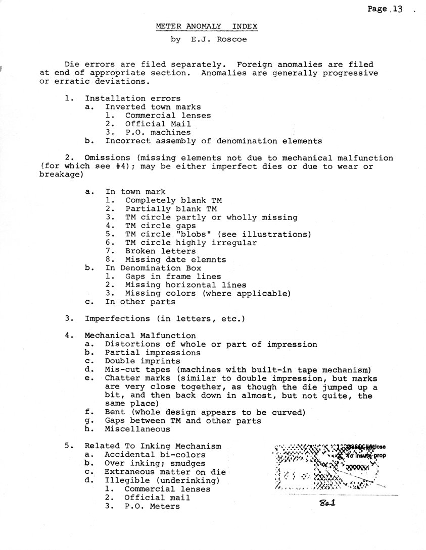 stamp errors, stamp errors, EFO, Roscoe, Meter Anomaly Index, installation errors, inverted town marks, commercial lenses, official mail, P. S. machines, omissions, may be imperfect dies or due to wear or breakage, town mark, denomination box, mechanical malfunction, distortions, partial impressions, double imprints, mis-cut tapes, chatter marks, bent, inking mechanism, accidental bi-colors, over-inking, smudges, extraneous matter on die, illegible, underinking