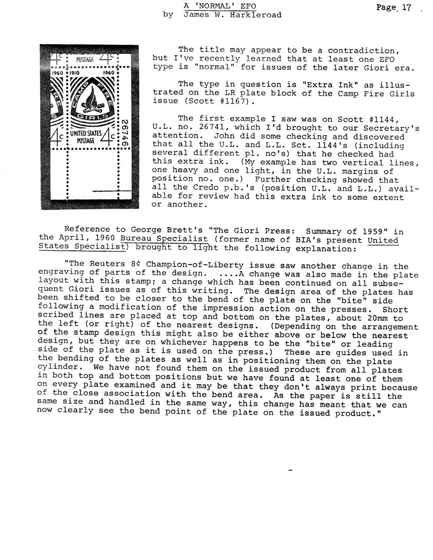 stamp errors, stamp errors, EFO, A Normal EFO, Harkleroad, Giori, extra ink, Camp Fire Girls, Scott 1167, Scott 1144, Brett, The Giori Press: Summary of 1959, 1960, Bureau Specialist, United States Specialist, Reuters, Champion of Liberty