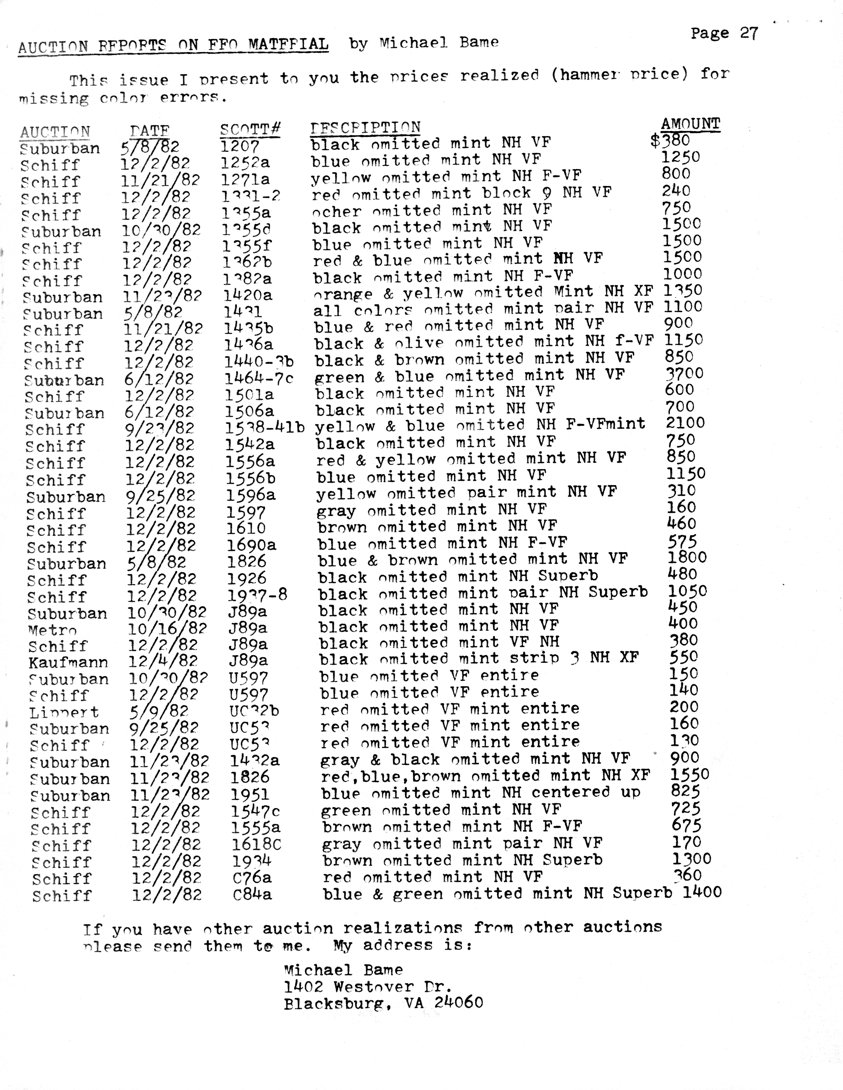 stamp errors, stamp errors, EFO, Auction Reports on EFO Material, Bame, Schiff, Suburban, Metro, Lippert, Scott 1207, Scott 1252, Scott 1271, Scott 1331, Scott 1332, Scott 1355, Scott 1362, Scott 1382, Scott 1420, Scott 1431, Scott 1435, Scott 1436, Scott 1440, Scott 1443, Scott 1464, Scott 1467, Scott 1501, Scott 1506, Scott 1538, Scott 1542, Scott 1556, Scott 1596, Scott 1597, Scott 1610, Scott 1690, Scott 1826, Scott 1926, Scott 1937, Scott 1938, Scott J89, Scott U597, Scott UC32, Scott UC53, Scott 1432, Scott 1951, Scott 1547, Scott 1555, Scott 1618, Scott 1934, Scott C76, Scott C84