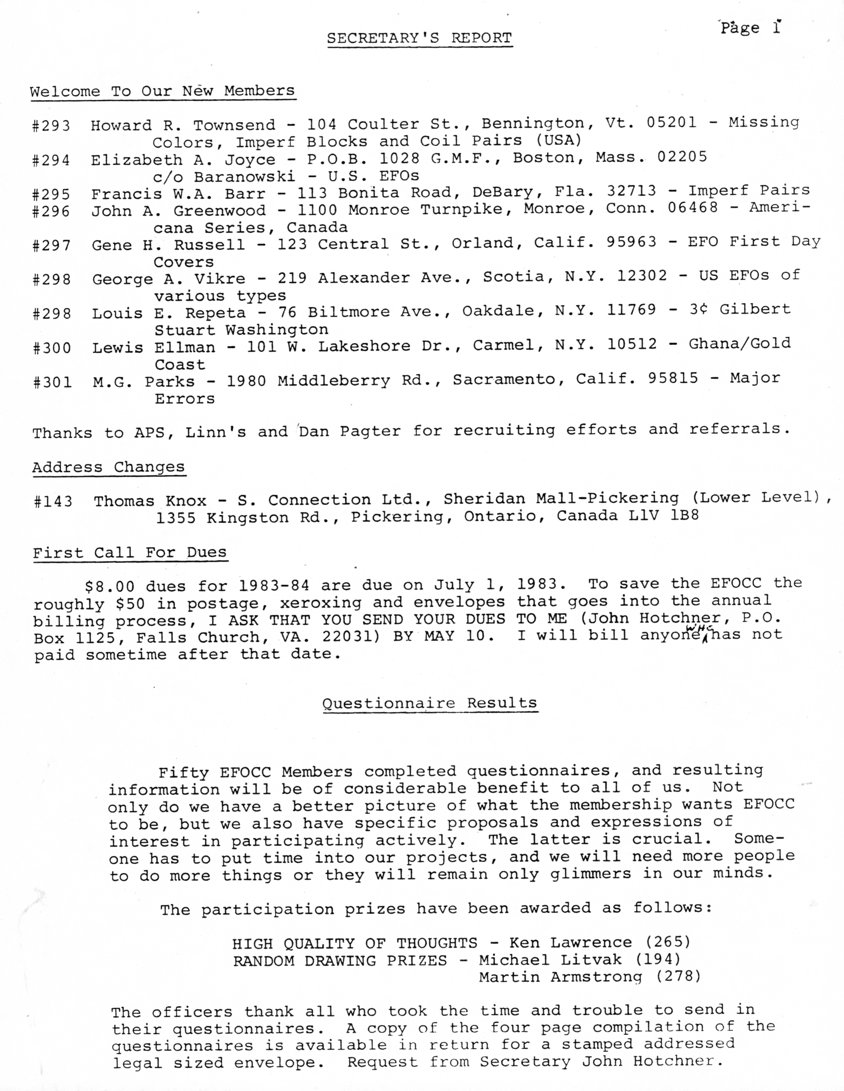 stamp errors, stamp errors, EFO, Secretary's Report, Hotchner, Joyce, Barr, Greenwood, Russell, Vikre, Repeta, Ellman, Parks, Knox, Lawrence, Livak, Armstrong