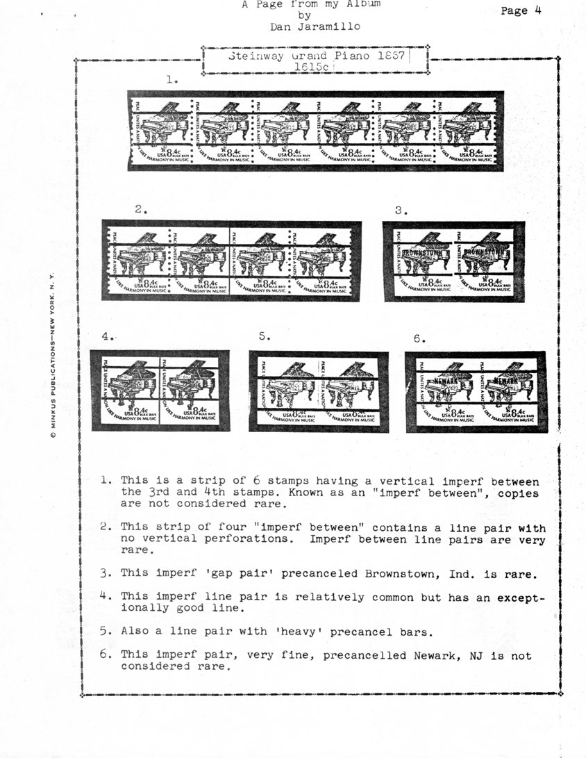 stamp errors, stamp errors, EFO, A Page From My Album, Jaramillo, Steinway Grand Piano, Scott 1615, imperf between, imperf gap pair, Brownstown, IN, precanceled, precancelled, line pair, Newark, NJ