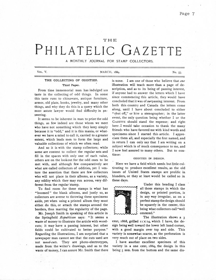 stamp errors, stamp errors, EFO, Philatelic Gazette, The Collecting of Oddities, Smith, Springfield Republican, woodcut, photo-electrotypes, Oddities in Design, well-centered, 1868